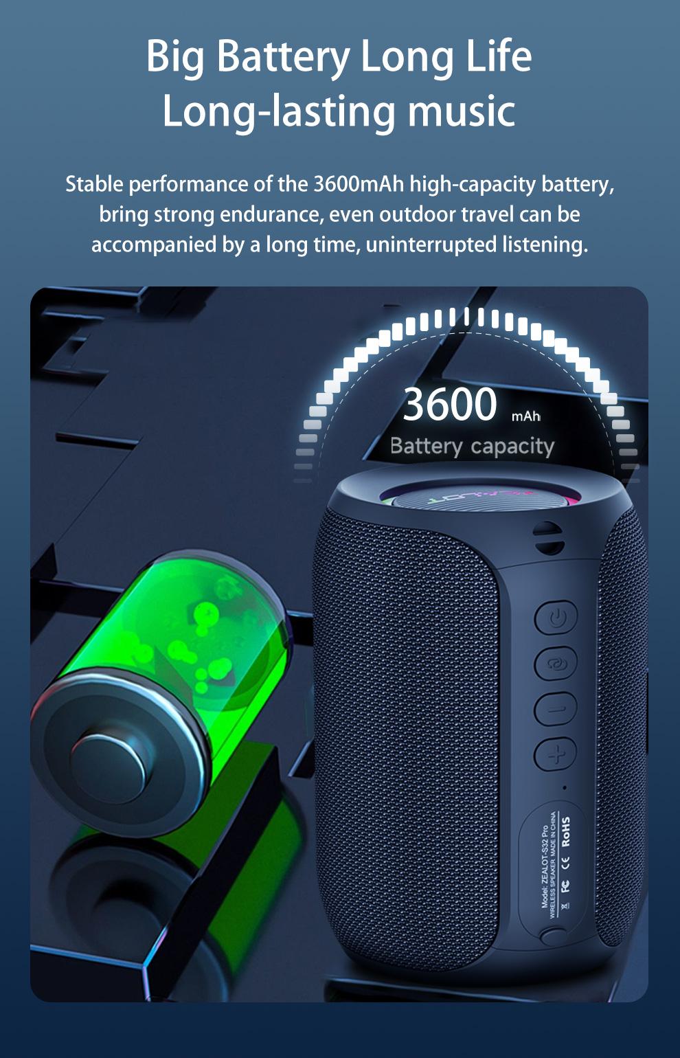 ZEALOTs S32 Pro Portable Wireless Speaker, 15W Long Standby Speaker with RGB Light Effect, Rechargeable Bluetooth-compatible Speaker for Home Outdoor Camping, Multifunctional Wireless Speaker, Outdoor Wireless Speakers