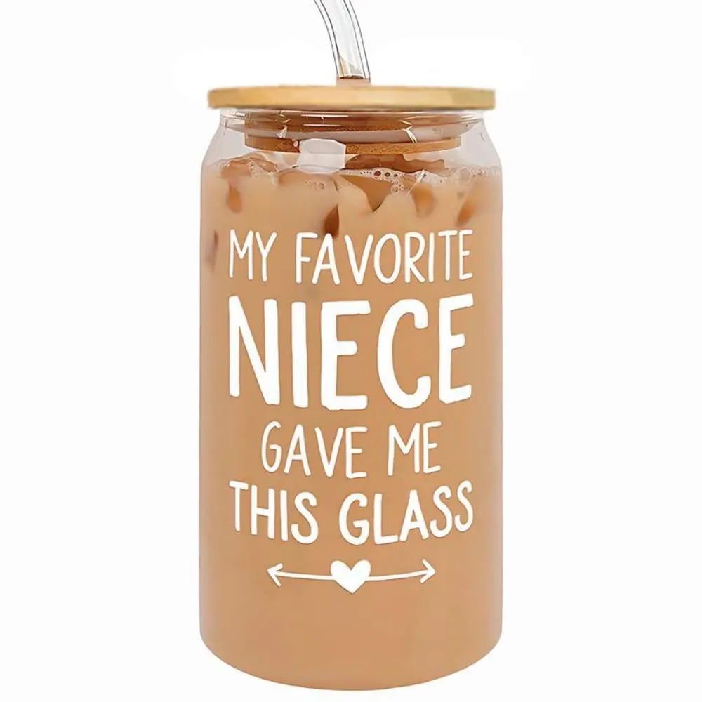 16oz Glass Jar with Lid & Straw, Bottle, Drinkware, Niece Letter Pattern Glass Jar, Gift for Auntie, Party Gifts