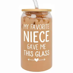 16oz Glass Jar with Lid & Straw, Bottle, Niece Letter Pattern Glass Jar, Gift for Auntie, Party Gifts