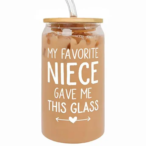16oz Glass Jar with Lid & Straw, Bottle, Drinkware, Drink Bottles, Niece Letter Pattern Glass Jar, Gift for Auntie, Party Gifts