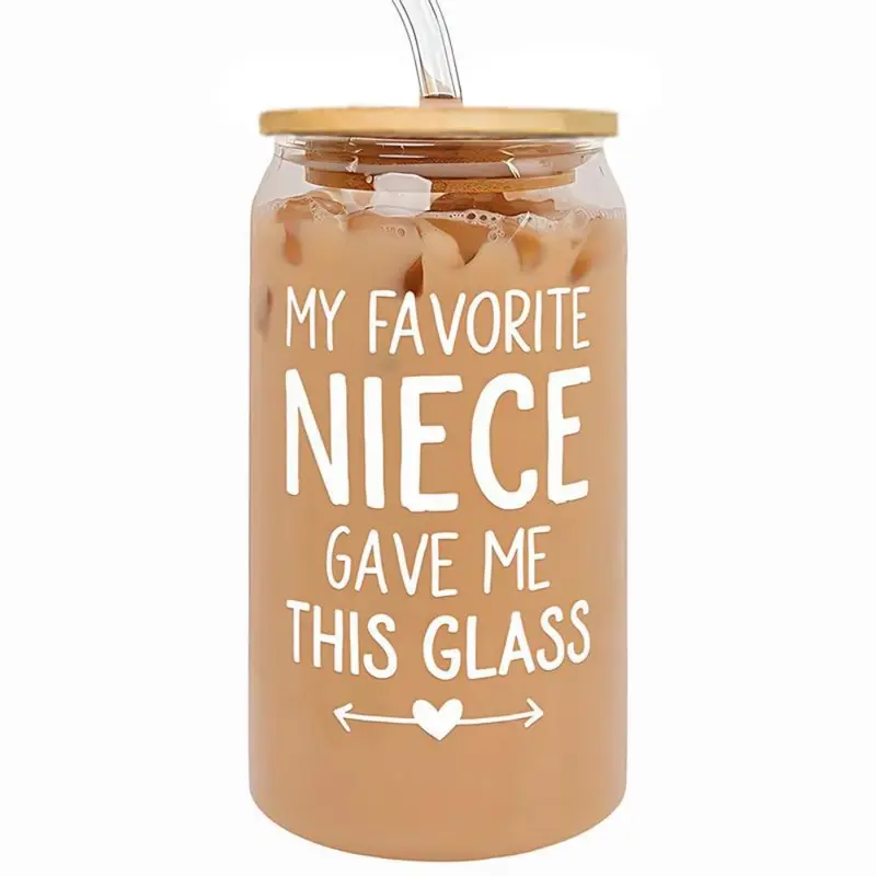 16oz Glass Jar with Lid & Straw, Bottle, Drinkware, Drink Bottles, Niece Letter Pattern Glass Jar, Gift for Auntie, Party Gifts