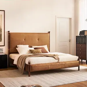 Mid-Century Modern Leather Upholstered Bed Frame with Headboard