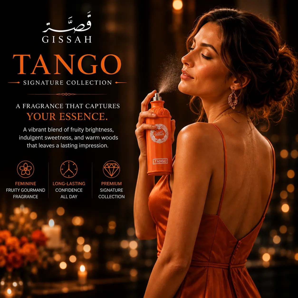 Gissah Tango Women's Perfume - 200 ml Bottle 200ml Long-Lasting Fruity Gourmand Fragrance with Mango, Orange, Pomelo, Caramel, Vanilla, Amber, Cedarwood for Feminine Energy, All Seasons, Captivating Aroma, Citrus Orange Women's Fragrance, Single Bottle, C
