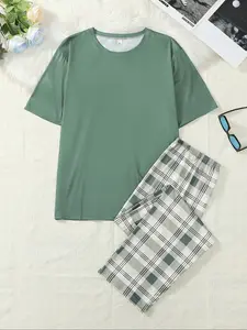 Men's Summer Pajama Set, Casual Round Neck Solid Color Short Sleeve & Long Pants, Comfortable Sleepwear & Homewear for Men