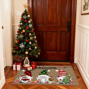 Holiday Christmas Gnome Welcome Doormat Rectangular Bathroom Mat Featuring Three Festive Gnomes Perfect for Winter Home Decor and Christmas Gifts Christmas Decor