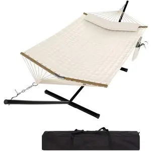 Beige Hammock with Stand, Heavy Duty Portable Steel Frame Hammocks with Quilted Fabric, Outdoor Patio/Camping Hammock with Pillow and Carrying Bag