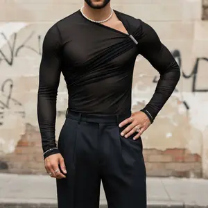 INCERUN Men's Sexy Sheer Asymmetrical Shoulder Buckle Long Sleeve T-Shirt | Slim Fit Clubwear | Party Event, Trendy Street