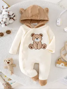 Cute Bear Print Fleece Lined Baby Romper, Unisex Infant Hooded Jumpsuit, Warm Winter for Boys & Girls, Baby Clothing, Baby Clothes Girl