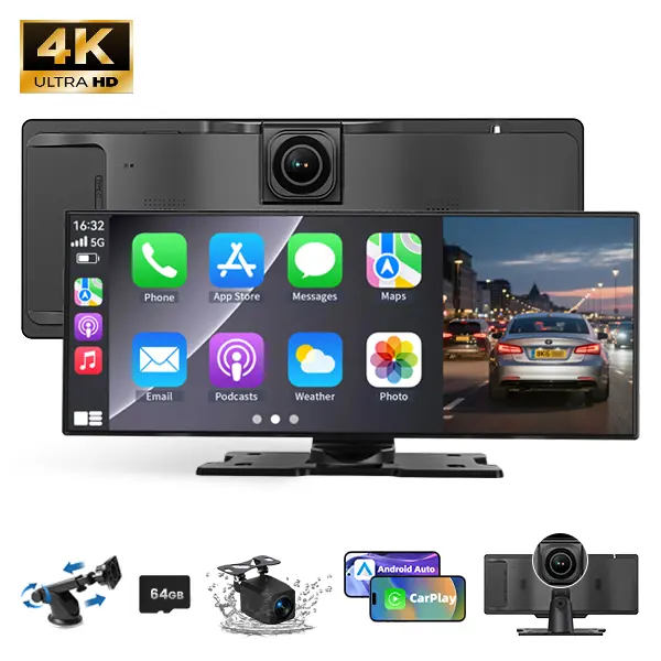 Top Display Screen, CarPlay Adapter with 4K Dash Cam and 1080P Rear Camera, Compatible with Apple CarPlay Bluetooth FM TF Card Voice Control Navigation Portable In-Car Entertainment