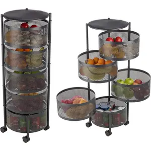 Rolling Cart with Wheels - 5 Tier Rotating Fruit and Vegetable Baskets for Organization and - Cart for Pantry,, or Craft Room (Black)