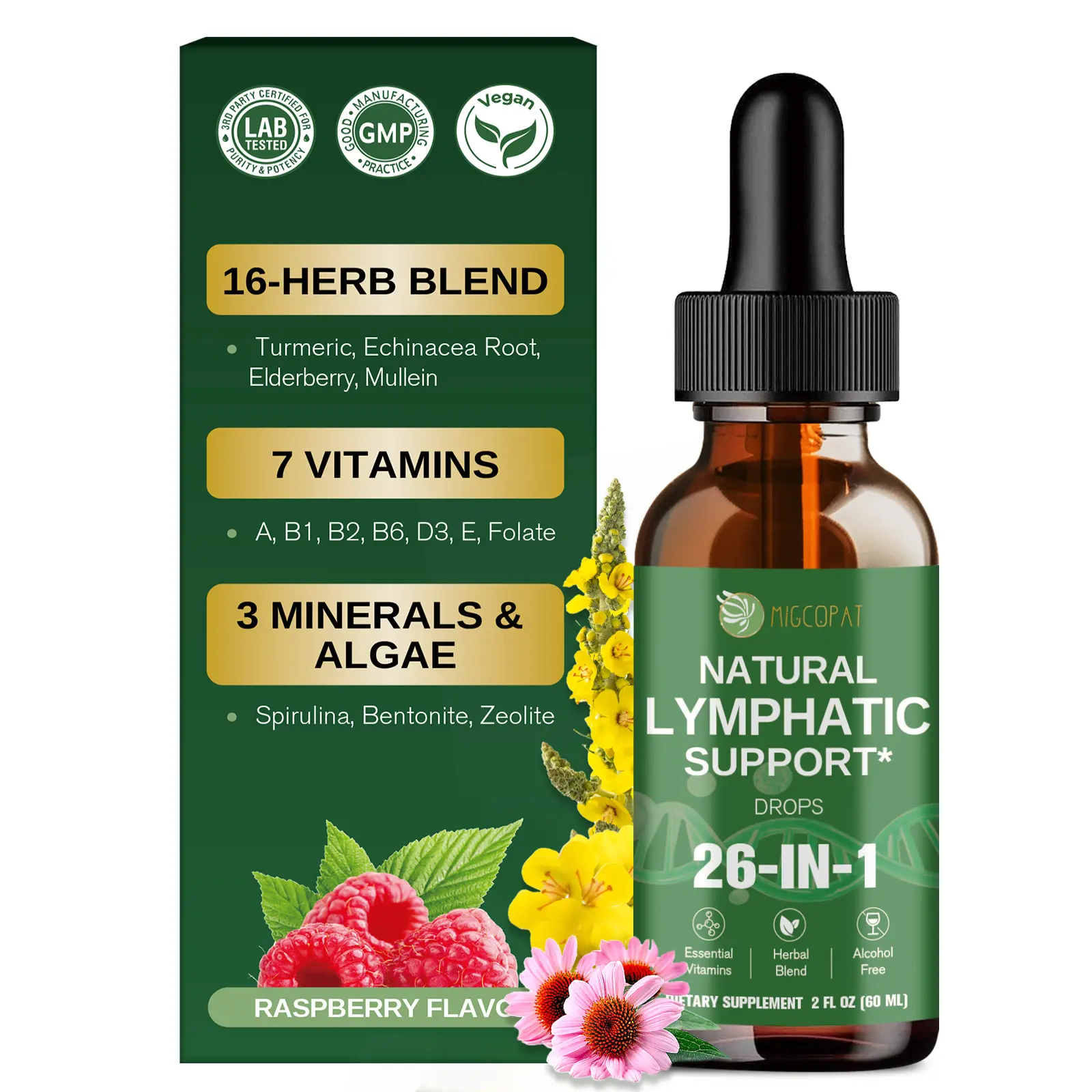 Migcopat 26-in-1 Liposomal Lymphatic Detox Drops – Formulated with Echinacea, Turmeric, Elderberry, Dandelion, and various vitamins; supports lymphatic and immune system health, and promotes liver cleansing, detoxification, and repair; Raspberry flavor