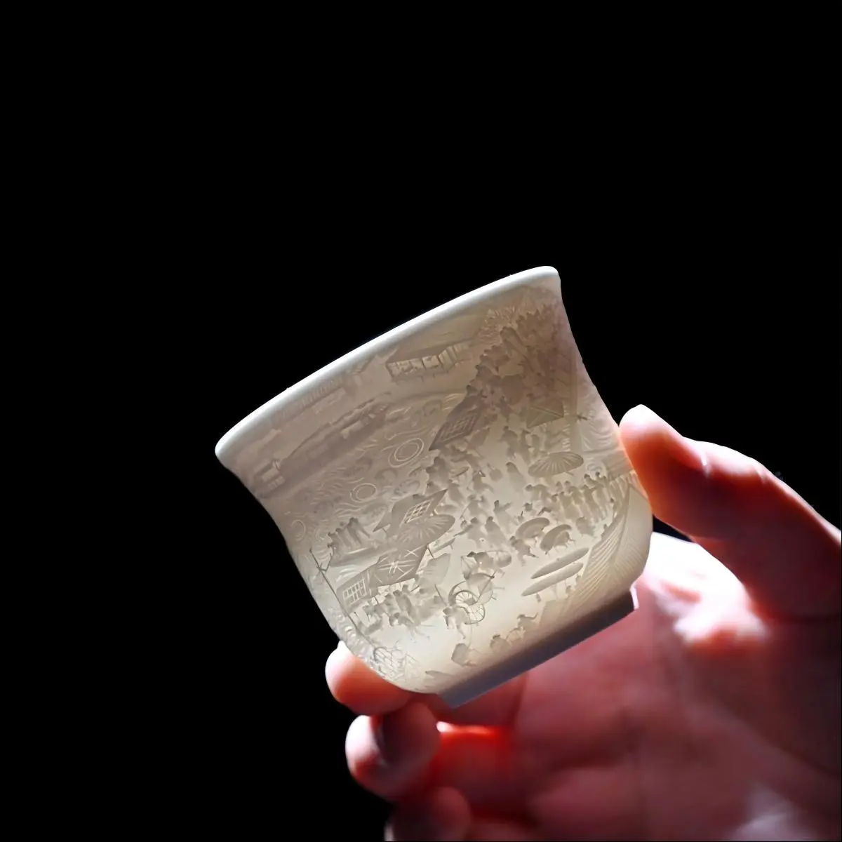 Traditional Mutton-Fat White Jade Porcelain Teacup - Deep Relief Ancient Scroll Art Design, Light-Transmitting for Gongfu Tea, Fragrance-Preserving Cultural Collectible for History Lovers