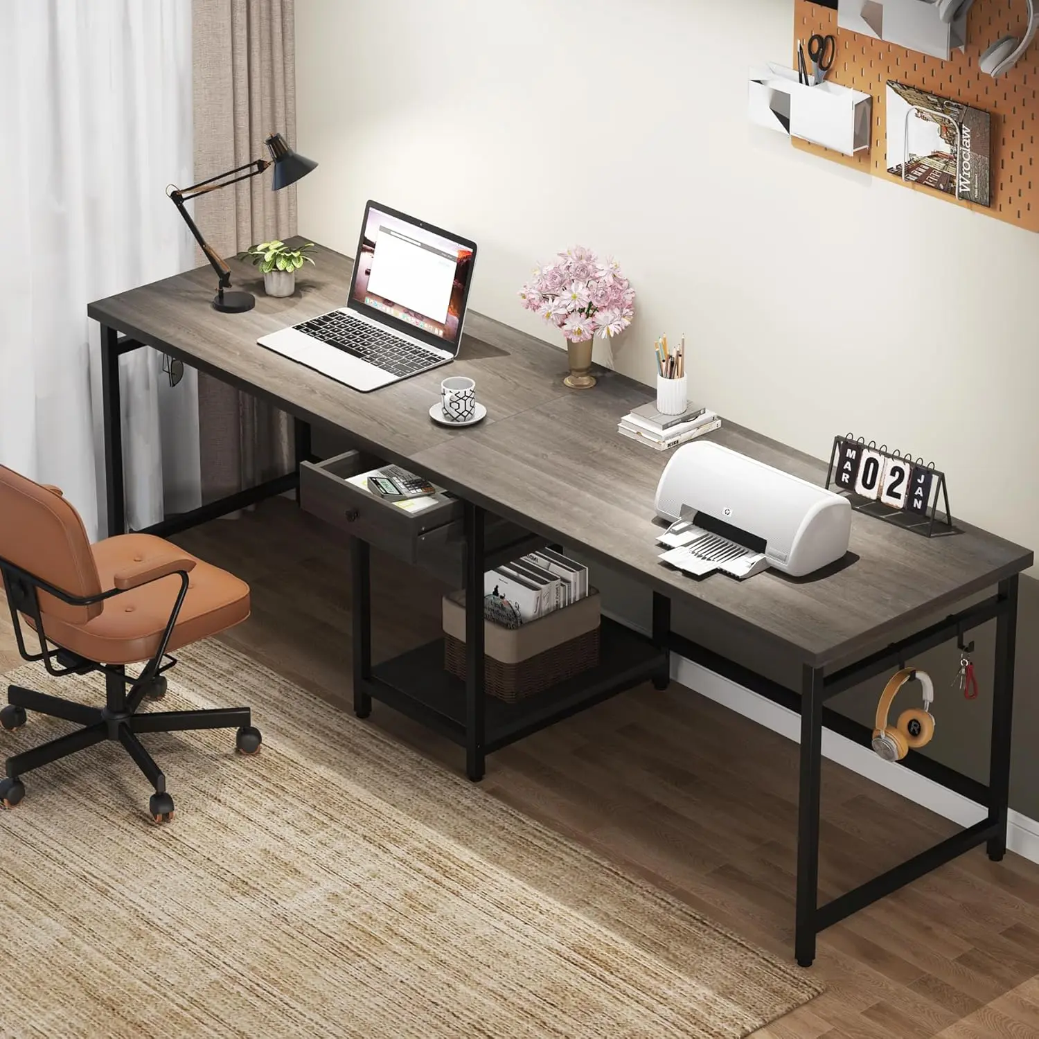 Tribesigns 79 Inch Extra Long Desk, Double Desk with 2 Drawers, Two Person Desk Long Computer Desk with Storage Shelves, Writing Table Study Desk for Home Office, Grey