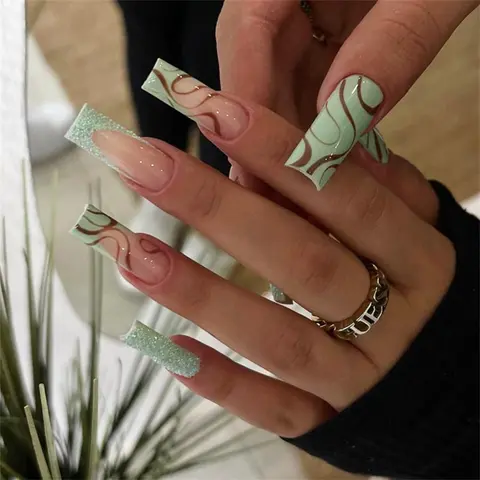 Shiny Long Fake Nails, Nails Square, Glossy False Nails, 24pcs/set Colorblock Press on Nails with Nail File & Tape, Removable Nail Art Design Artificial Full Cover, Women Girls DIY Manicure Kit, Nail Art Supplies