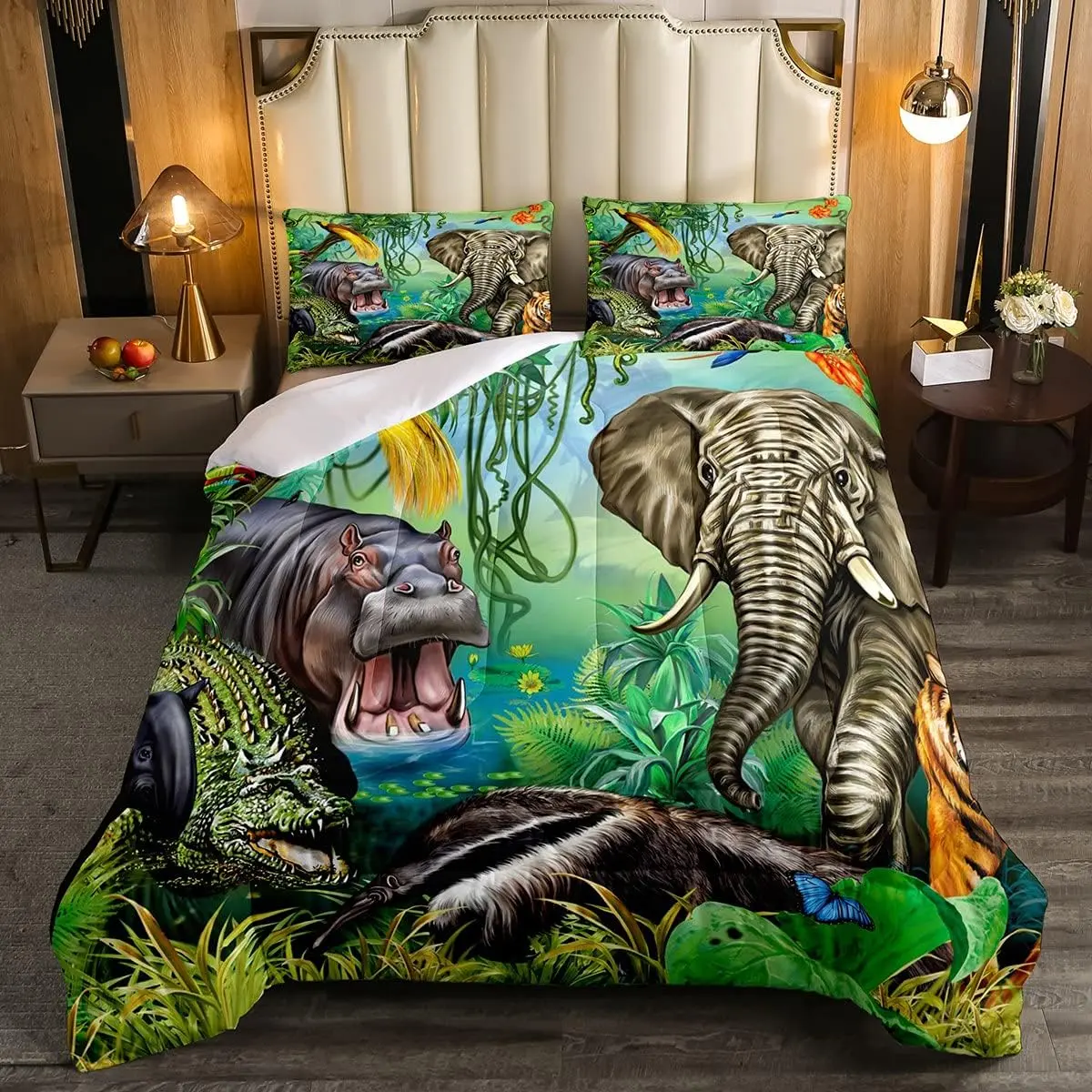 Feelyou Whole Piece Twin & Queen Size Jungle Animal Prints Polyester Fiber Duvet Set - Unique Crocodile,Hippo,Tiger Designs,African Safari Cartoon Zoo Theme,All Seasons Decorative Bedding Set,Travel-Friendly,Prevents Fill Clumping,Clean Before First Use,