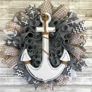 Handmade Nautical Door Wreath - Grey And White Anchor Wreath