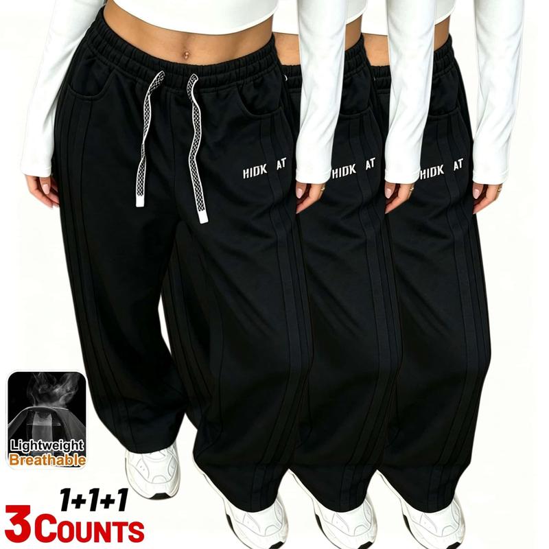 3PC Women's Sports Straight Leg Pants, Striped Drawstring Pocket Sports Pants, Women's Spring and Autumn Casual Solid Color Pants, Straight Leg Pants Women's Clothing