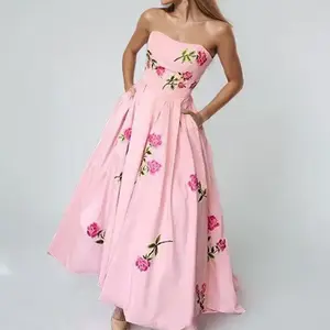 2026 Spring New Women's Fashion Elegant Large Hem Dress Printed Strapless High Waist Dress Pink Formal Womenswear Bohemian