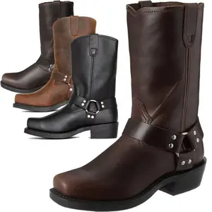 Men's Calf Boots - Square Toe, Tube Surface, Metal Ring Elements, Thick Heel, Western Cowboy Style, Closed Comfort, Suitable for All Seasons
