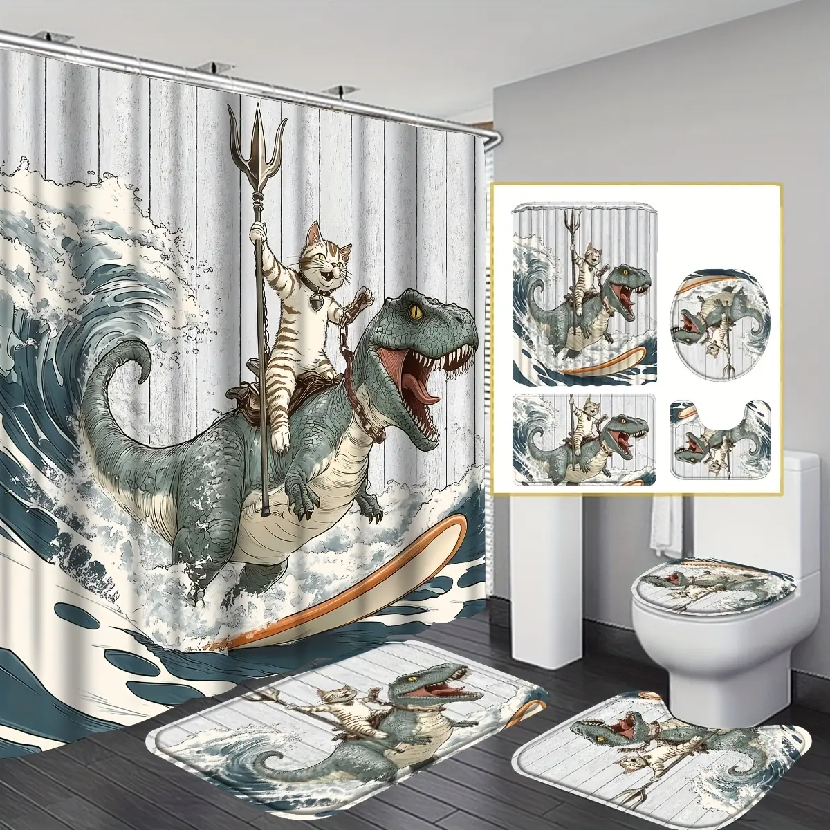 Retro Polyester 4-Piece Funny Cat Bathroom Set for Home Bathrooms - Waterproof Shower Curtain (Cool Cat Riding Dinosaur With Trident), Flannel Rugs, Toilet Lid Cover, U-Shaped Mat, 12 Hooks, Ocean Wave Nautical Decor, Wall Mounted Room Accessories