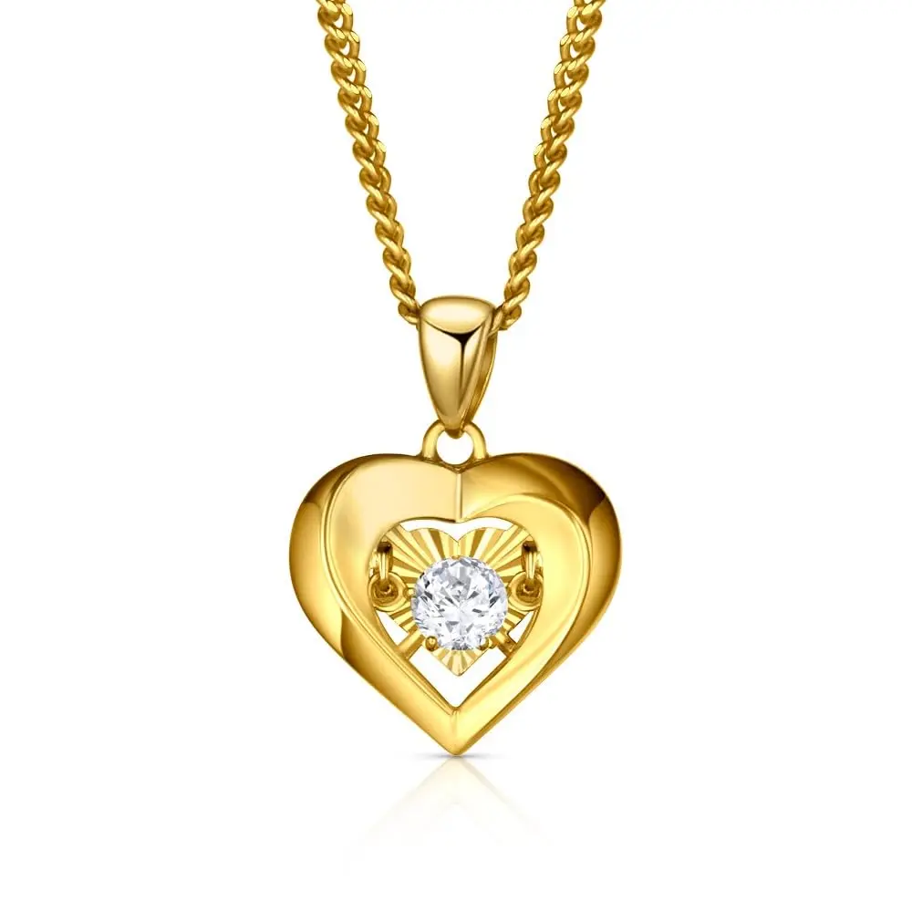 Golden Heart Necklace with Swinging Zirconia - 18k Golden Plated Necklace for Women 18” with 2” extender