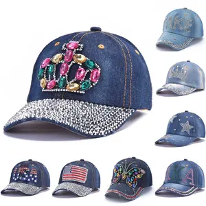 Rhinestone Denim Premium Snapback Hat Baseball Cap Washer cotton - Stylish Design for Mens Womens Everyday Wear
