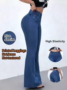 Ladies' Temperament Commuting Imitation Denim Printing Yoga Pants, Micro Flared Pants, High Waisted High Elastic Micro Flared Women'S Faux Denim Pants, American Retro Style Blue Spicy Girl Sports And Leisure, Imitation Denim Fabric，It's not jeans