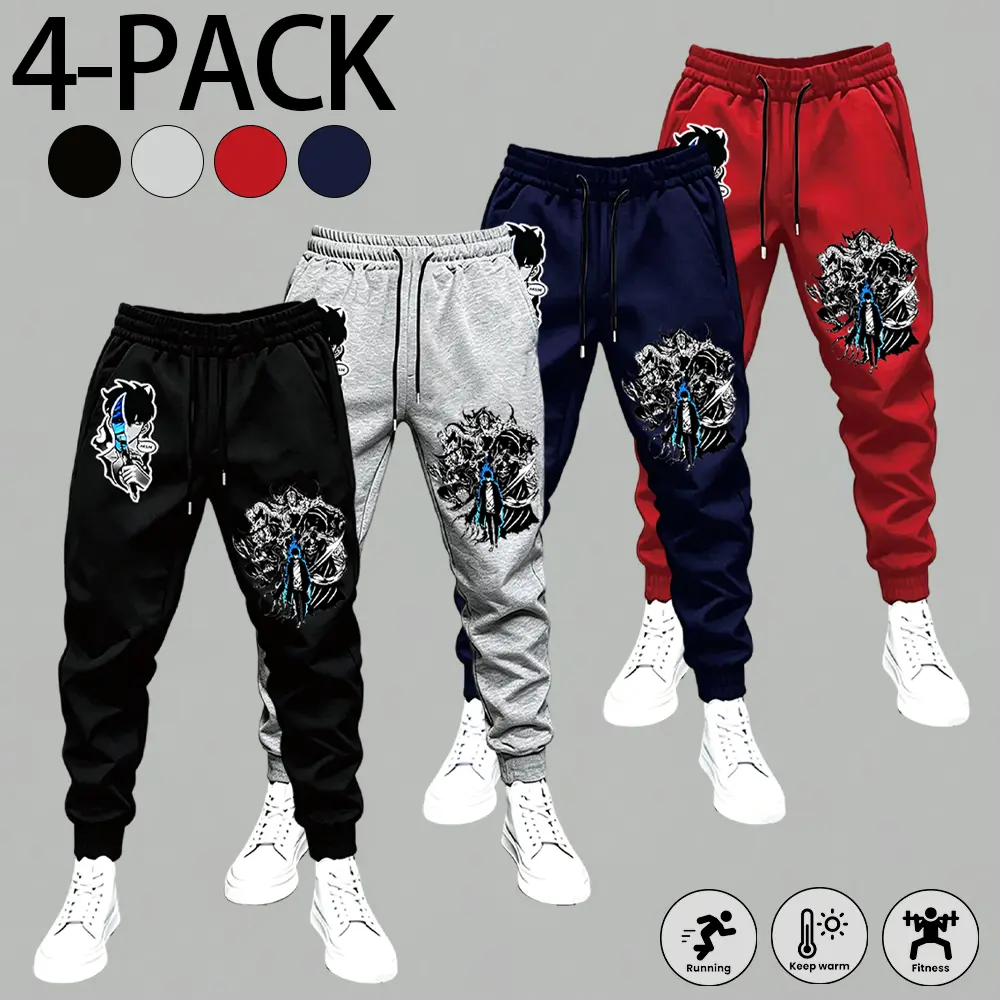 Men 4 Pack Anime Sung Jin Woo Graphic Jogging Pants Soft Breathable Drawstring Sweatpants Daily Running Training Street Casual Trousers