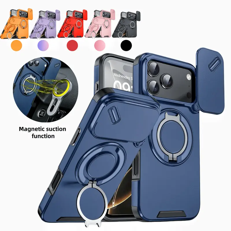 Protective Magnetic Shockproof PC+TPU Cellphone Case for iPhone 12/13/14/15/16/17/18 Pro Max Various Models, Military-Grade Accessory with Sliding Lens Protector, 360° Rotatable Stand, Screen Protector-Compatible Devices