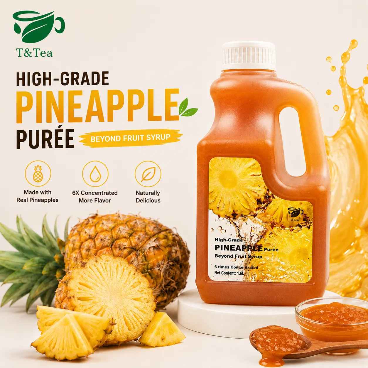 T&Tea High-Grade Pineapple Purée 1.6L | 6X Concentrated Fruit Purée for Lemonade, Smoothies, Milk Tea, Mocktails & Desserts