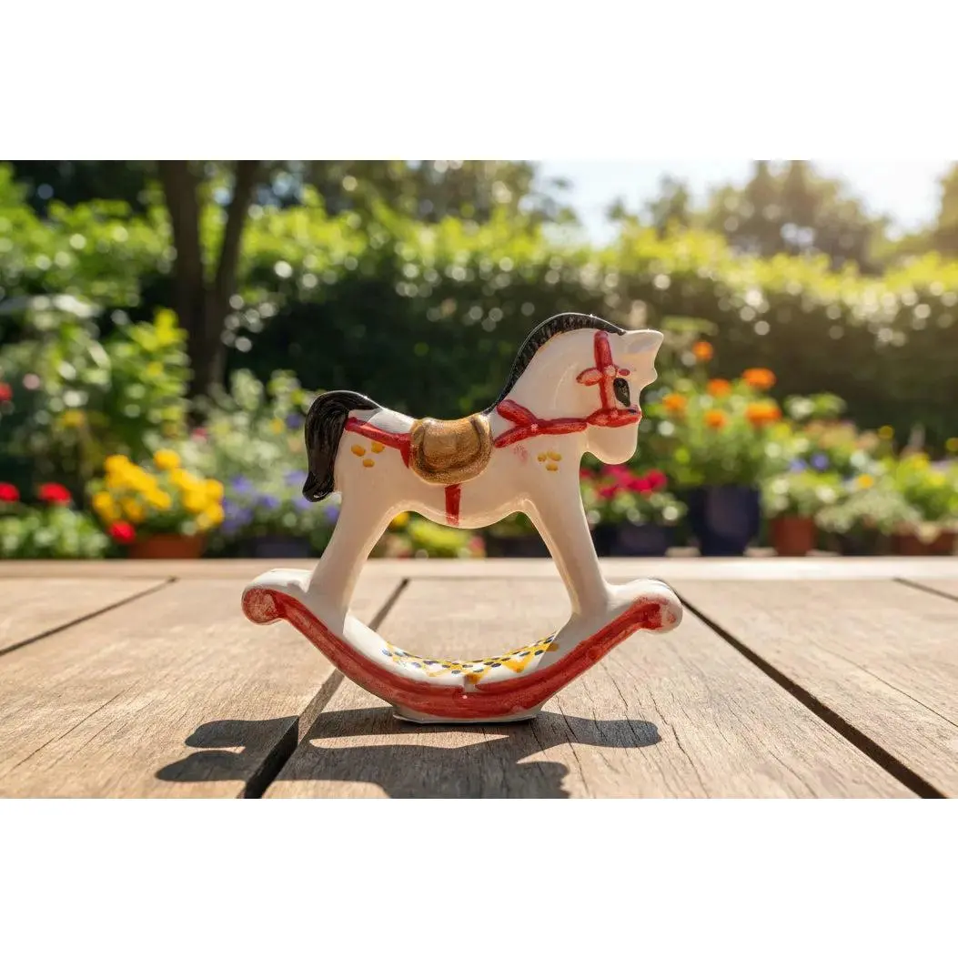 Classic Traditional Ceramic Rocking Horse Sculpture - 3.5" L x 4" W, 3 oz Lightweight Floral Decorative Cultural Pottery Collectible, Office-Nursery Room Decor, Ideal Gift Item