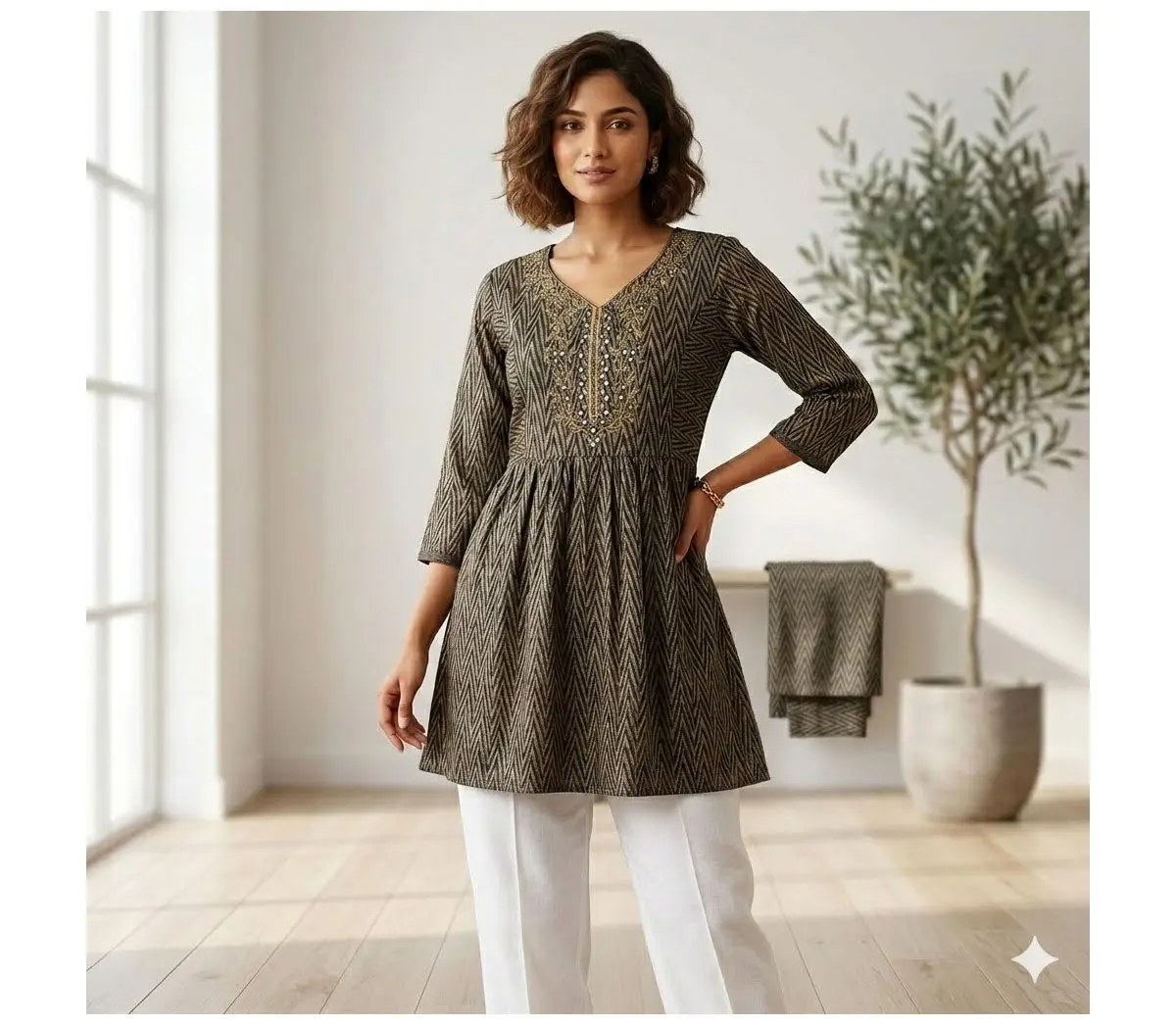 #Top-52 Black Chevron Kurti Tunic with Embroidered Yoke 3/4 Sleeves