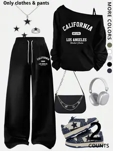 Spring Summer Casual California Print Milk Silk Off-Shoulder Top Set, Wide Leg Drawstring Pants, Slimming Two-Piece Outfit, Multiple Colors Available