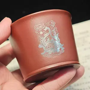 Four Divine Beasts Xuanwu Carved Master Tea Cup, Handmade Chinese Tea Drinking Clay Cup, Metal Inlay Craftsmanship, Ceramic Gift