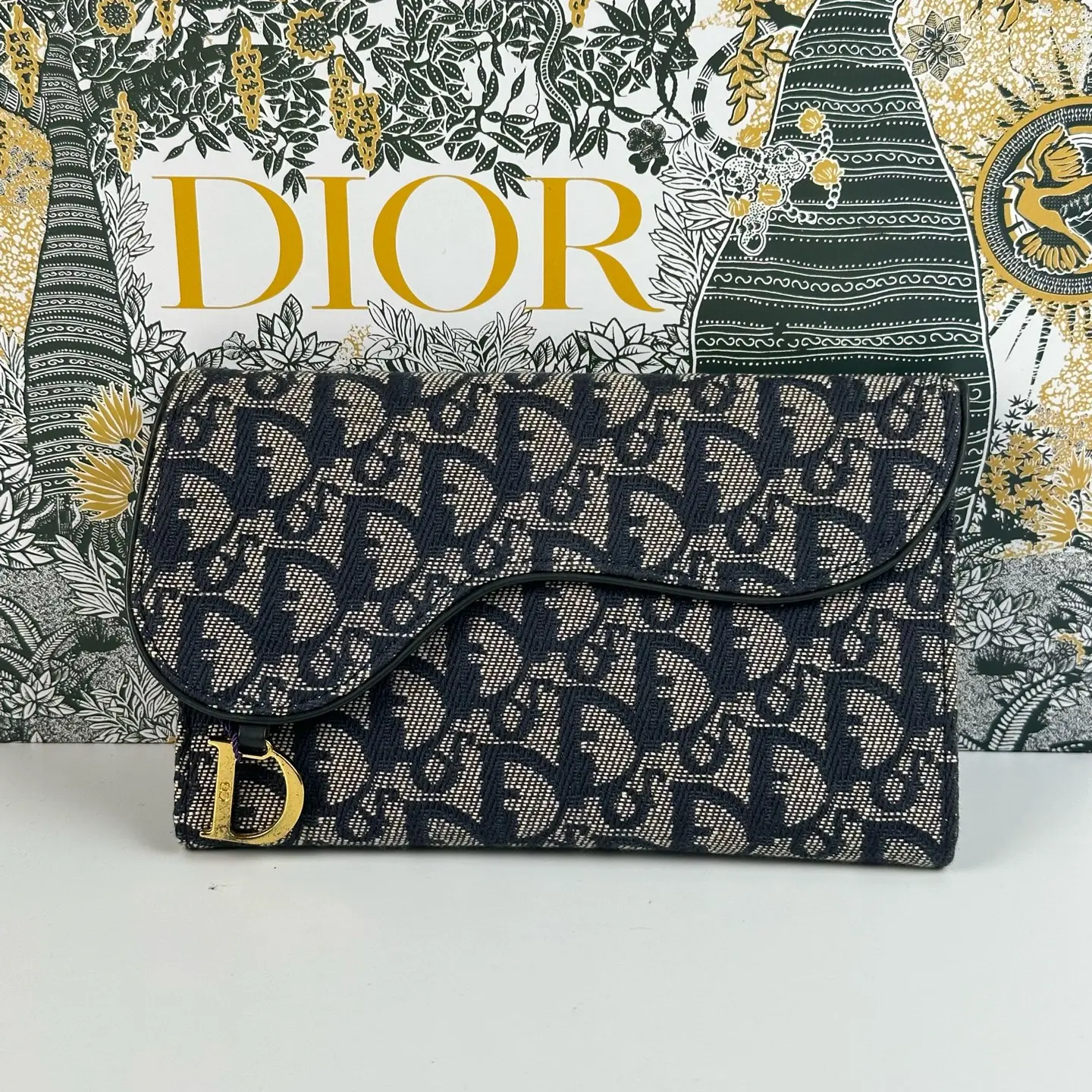 Pre-owned Dior Preloved Saddle WOC Wallet On Chain Blue Oblique Jacquard Crossbody Bag