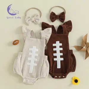 Newborn & Baby Girl Fall Ruffle Sleeveless Football Embroidery Romper with Headband Set, Baby Clothing