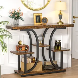 42.5" Industrial Console Table with 3 Tier Storage Shelves, Rustic Wood Sofa Table for Entryway, Living Room, Hallway, Black Metal Frame, Narrow Sofa Back Table for Small Spaces