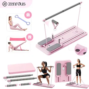 ZENROUS Pilates Board with Pilates Bar, Multi-functional Ab Exercise Board, Foldable Home Pilates Reformer, Maximum Load 300 lbs Fitness Board with Kneeling Pad and Timer, Abs Workout Equipment for Abdominal
