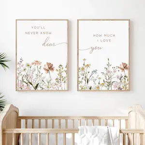 2pcs Frameless Wildflower Garden Floral Plant Quote Wall Art Modern Floral Paintings Canvas Print Poster Picture Set, Home Decor for Living Room Bedroom
