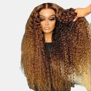 Glamorous Caramel Highlight 20-30" Lace Front Wig - Brazilian Virgin Hair, Curly Ombre Honey Blonde Water Wave, 200% Density, Fluffy & Thick