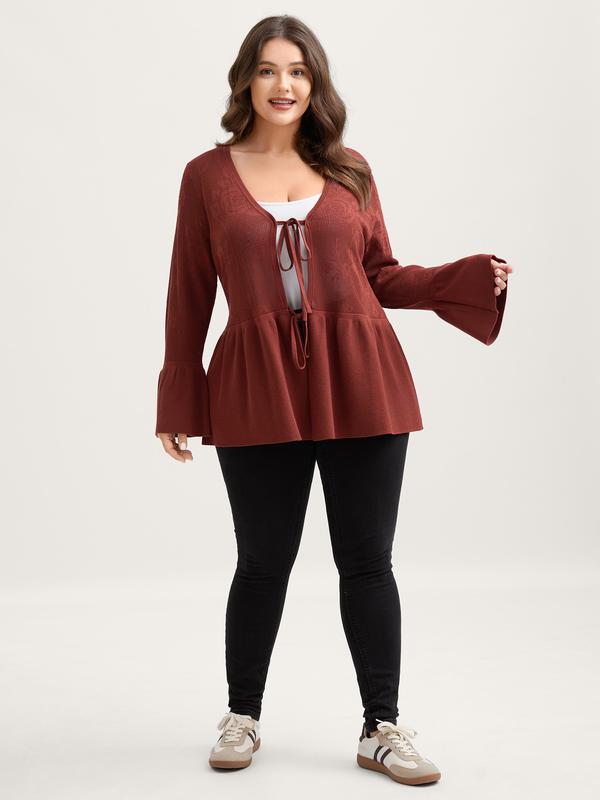 BloomChic Maroon V-Neck Bell Sleeve Floral Print Cardigan with Tie Knot & Ruffles - Elegant Winter Knitwear for Women Flowers Womenswear