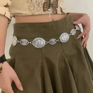 Women Cowgirl Chain Belt Metal Boho Waist Chain for Dresses Jeans Country Concert - Silver/Gold