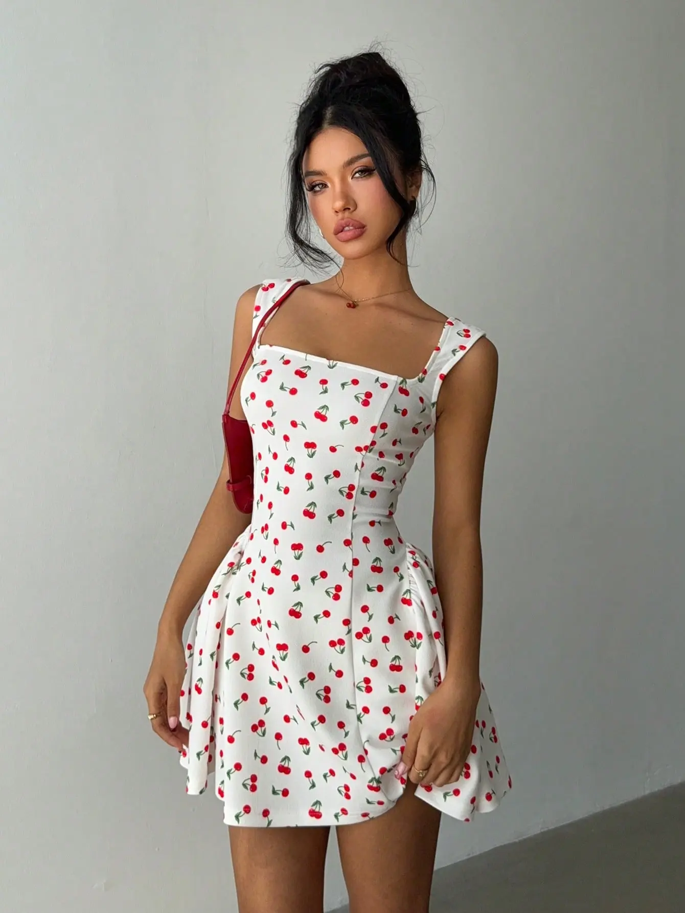 Women’s Cherry Print Square Neck Mini Dress White Red Sleeveless Picnic Vacation Summer Dress, picnic dress women, cottagecore dress, coquette aesthetic dress