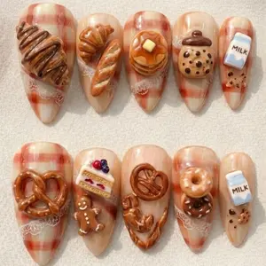 Bakery 3D Cozy Foodie Press On Nails Picnic Gingham And Lace Kawaii Sweet Art