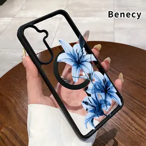 Magnetic Soft Case Compatible with Galaxy S23 Ultra S24 Plus FE S25 S22+ Blue Lily Grace Pattern Anti-Yellowing Shockproof ultra-thin Silicone Crystal Transparent Acrylic Cover Supports Wireless Charging