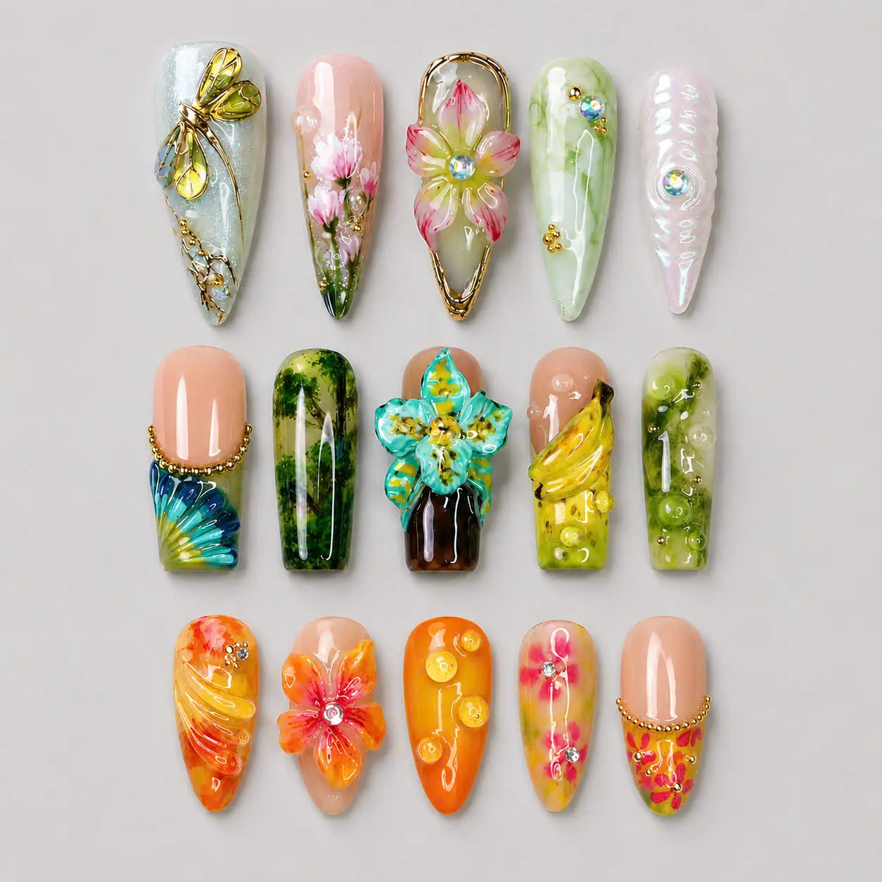 NailPhoria - Handmade 3D Floral Press-On Nails - Elegant Reusable False Nail Art Set, Salon -Quality, Glossy Design