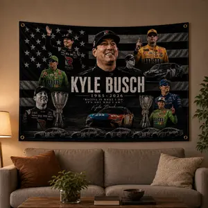 Kyle Busch Memorial Racing Flag, Vintage Motorsport Tribute Banner, American Racing Wall Decor, Forever Rowdy Fan Tapestry Gift for Garage Man Cave