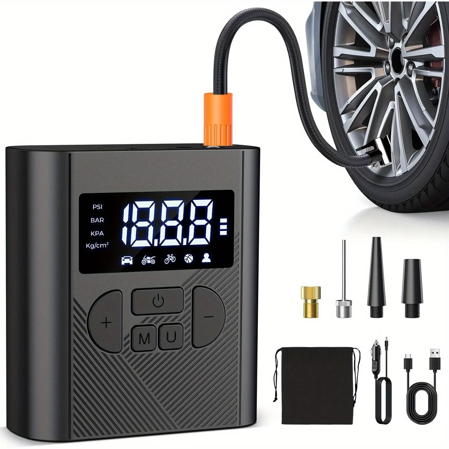 Tire inflator -20000mAh powerful battery, 12V DC charging, up to 150PSI, portable air compressor, precise pressure gauge display, built-in LED lighting, suitable for cars, motorcycles, bicycles, and sports carts