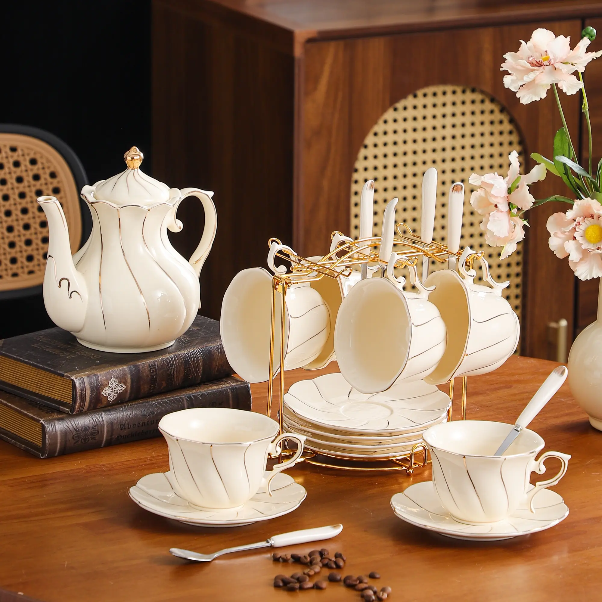 3/7/19pcs Set w/ Iron Stand, 6 Ceramic Cups & Saucers & Spoons, Creamy Floral Edge Design, European Style Retro Golden Trim, 220ml Beige Valentine'S Gift Set, Hand Wash Only, Multipurpose Use, Kitchen & Dining Supplies, Tea Set, Cup Sets For Kitchen