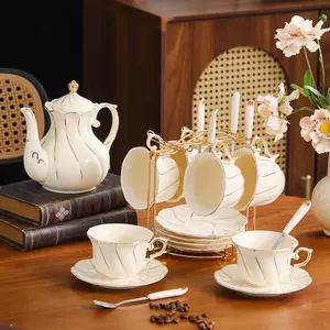 3/7/19pcs Premium Set w/ Decorative Iron Stand, 6 Ceramic Cups & Saucers & Spoons, Creamy Floral Edge Design, European Style Retro Golden Trim, 220ml Beige Valentine'S Grand Gift Set, Hand Wash Only, Multipurpose Use, Kitchen & Dining Supplies, Tea Set